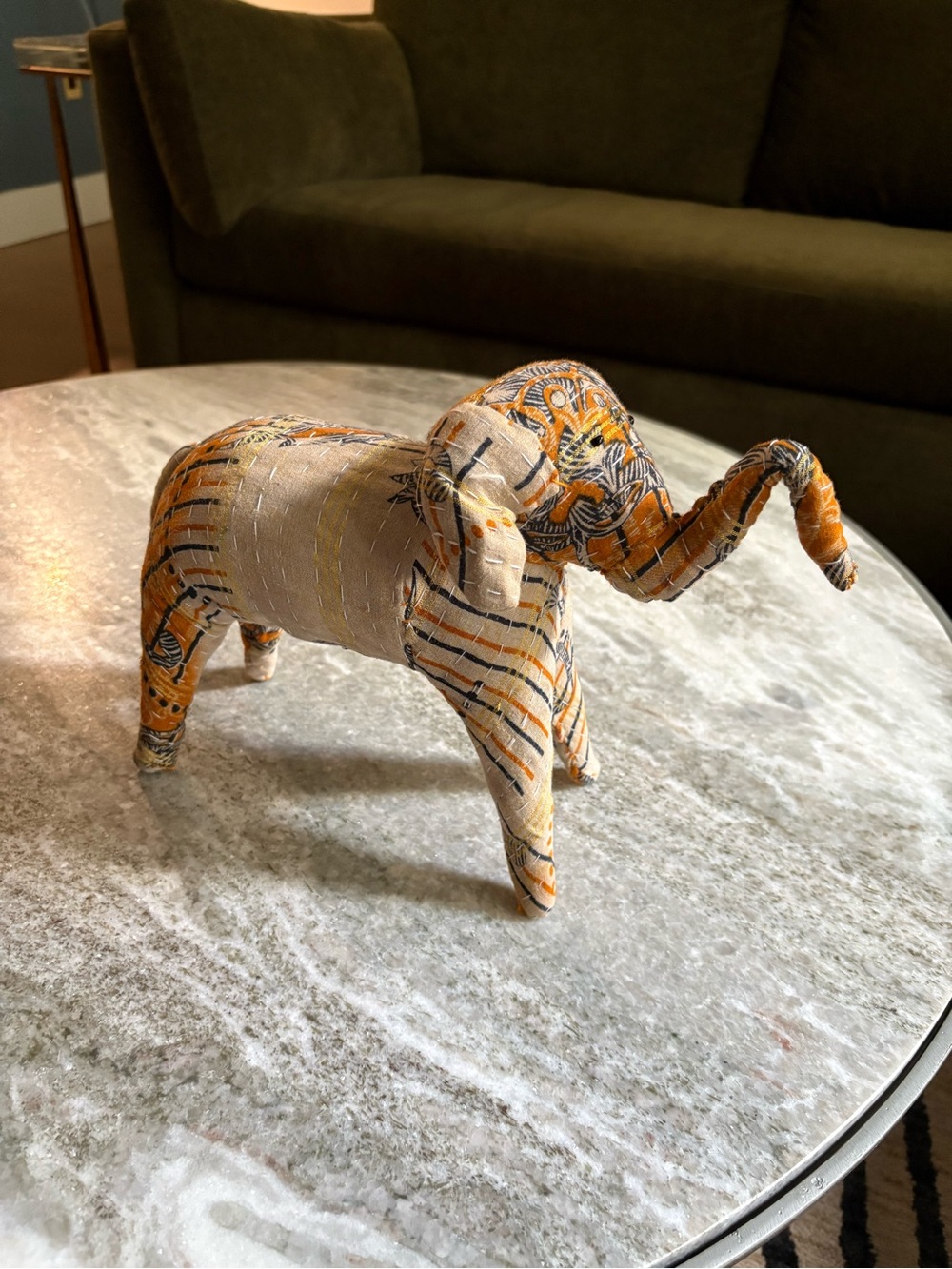 Handcrafted Orange & Cream Elephant Fabric Sculpture - Home Art